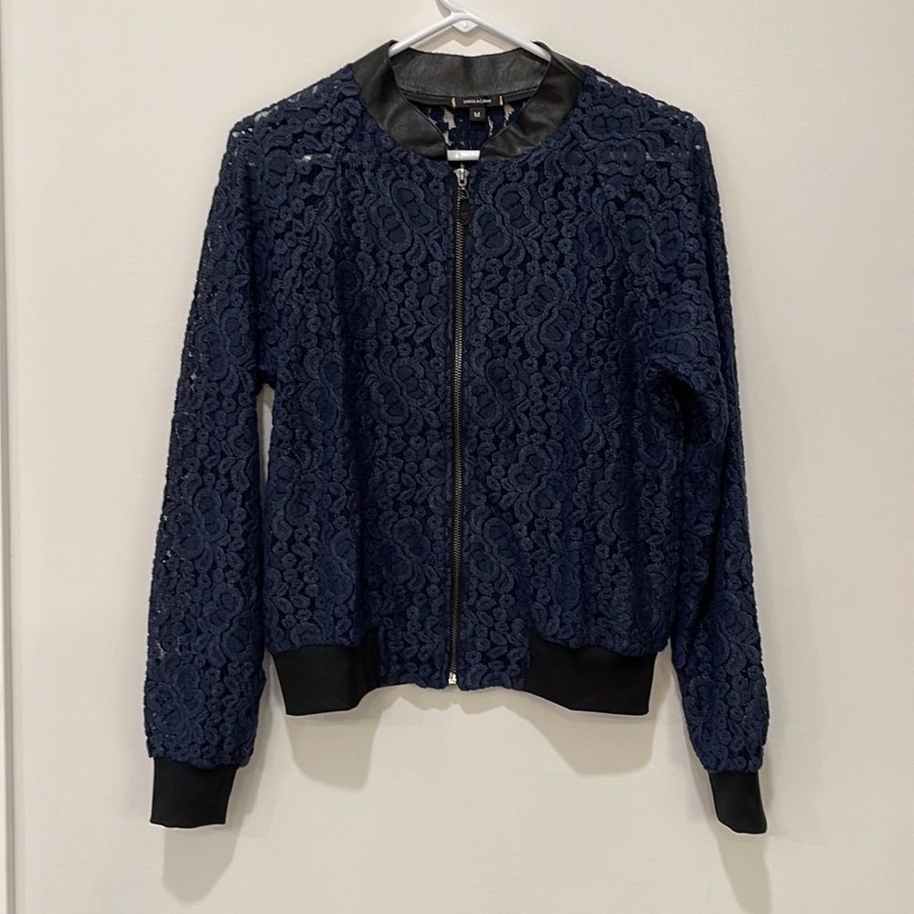 Stella & Dot Navy Blue Lace and Leather Zip up Jacket